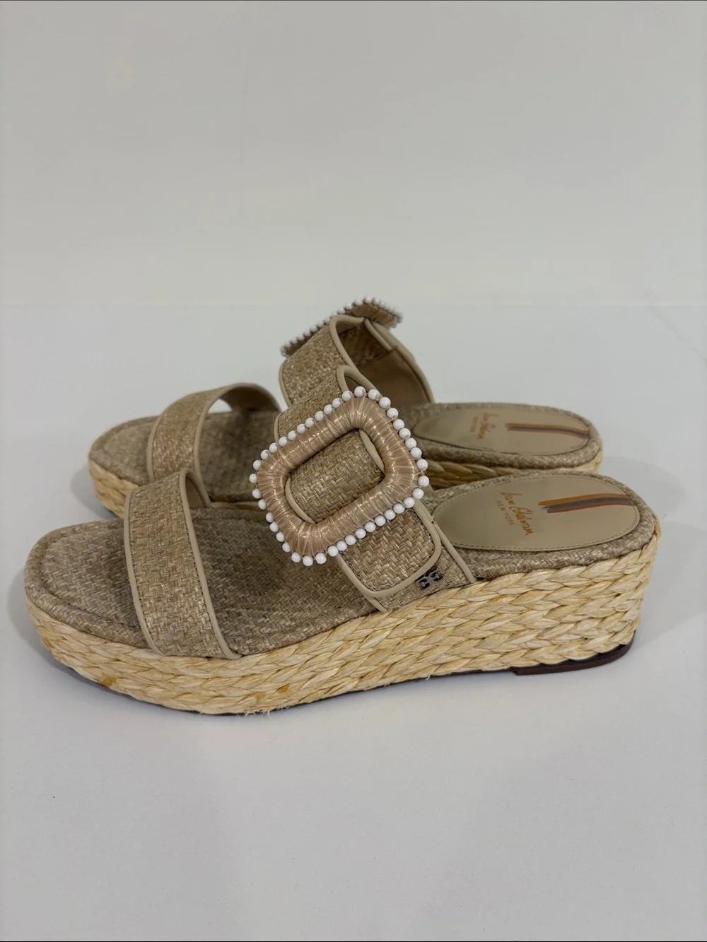 Sam Edelman Natural Raffia Platform Slides with Pearl-Trim Buckle - Picture 3 of 5